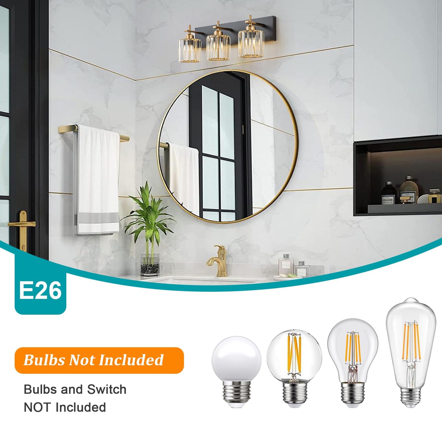 HUOKU Modern Crystal Bathroom Vanity Lights, Black Gold 3-Lights Bathroom Light Fixtures Over Mirror, Crystal Wall Lighting with Polished Gold Finish(Exclude Bulb)