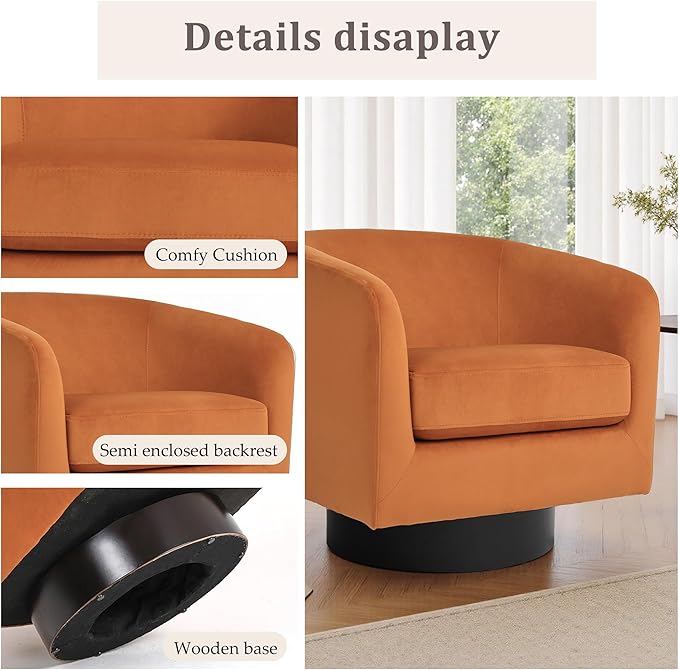 UIXE Swivel Barrel Accent Chairs Set of 2, Velvet Upholstered Armchair Modern Round Club Arm Chair for Living Room, Comfy Single Sofa Seating Bedroom Side Reading Seat for Home Office - Orange