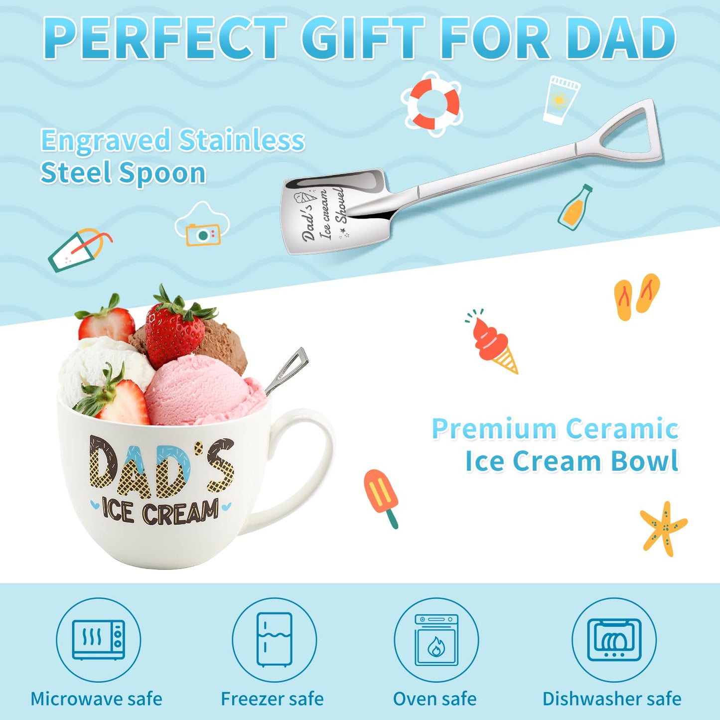 Hithespo Gifts for Dad from Daughter Son Wife, Dad’s Ice Cream Bowl Engraved Shovel Set, Dad Birthday Gifts, Personalized Gift for Dads Anniversary Fathers Day, Gift for Step/New/Bonus Dads Papa, 24oz