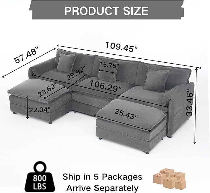 RENDGO 109" Modular Sectional Sofa with 2 Ottoman, Chenille Cloud Couch for Living Room & Apartment, Deep Seat Comfort, Flexible U-Shape Combination Sofa for Home & Office,Grey