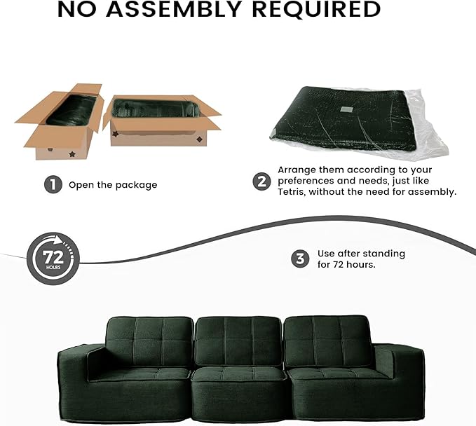 108" Boneless sectional Couch for Living Room,Convertible L-Shape Fleece Couches with Ottoman, Cloud Modular Sofa with Deep Seat for Bedroom, No Assembly,Green