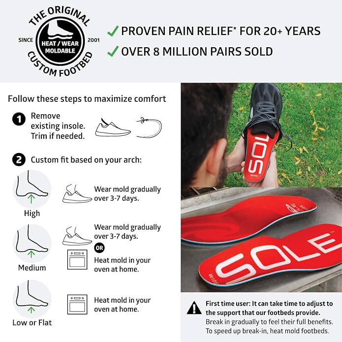SOLE Active Medium Insoles - Custom Moldable Orthotic Support for Any Arch Type, Plantar Fasciitis Relief - Multiple Sizes