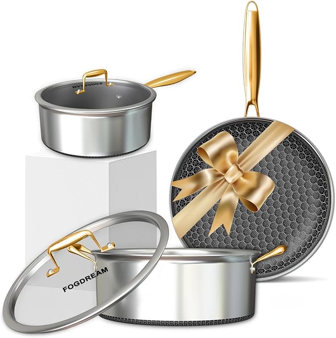 FogDream 5 Pcs Stainless Steel Cookware Set, 9.5in Non Stick Frying Pan, 5-Quart Soup Pot & 2.3-Quart Sauce Pan with 2 Lids, Stay-Cool Handles, Dishwasher & Oven-Safe, Induction Compatible, Gold