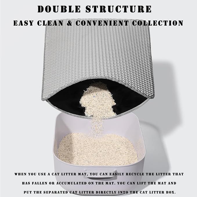 HCY&WLD Cat Litter Mat, 45x26/35x24/30x22/24x18 Inch Double Layer Cat Litter Box Mat, EVA Non-Slip, Waterproof Urine Proof Cat Litter Catcher Mat, Easy Clean Scatter Control (30x22 Inch, Black)