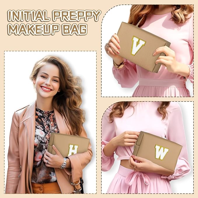 TOPEAST Preppy Makeup Bag, Cute Makeup Pouch PU Leather Waterproof Cosmetic Bag, Personalized Birthday Gifts for Mom Teacher Friends Bridesmaids Nurse, Trendy Stuff for Girls (Khaki I)