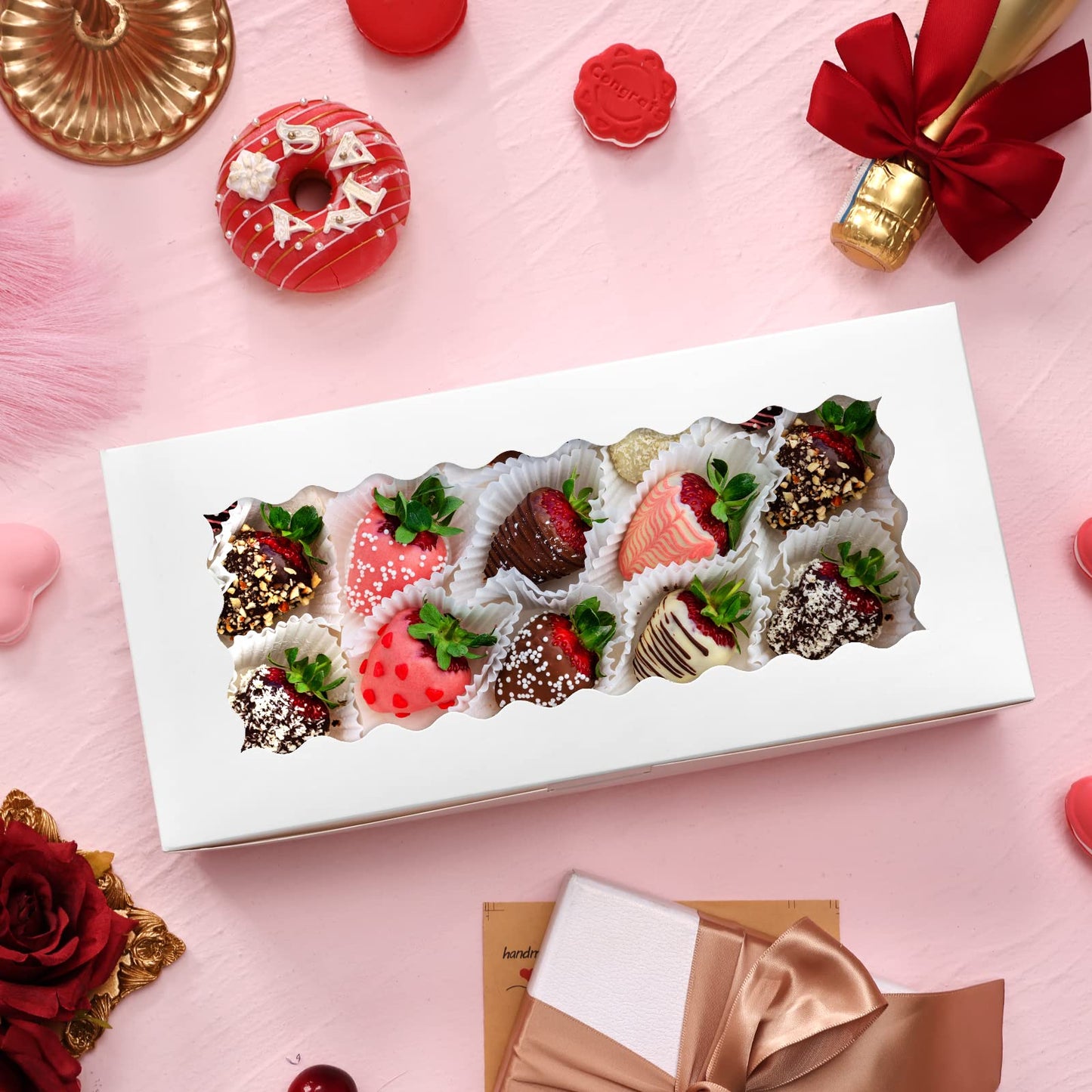 Moretoes 30pcs Valentines Day Cookie Boxes, 12x5.5x2.5 Inches White Bakery Box with Window for Treats, Chocolate Covered Strawberry, Donuts, Pastries, Cake Pop