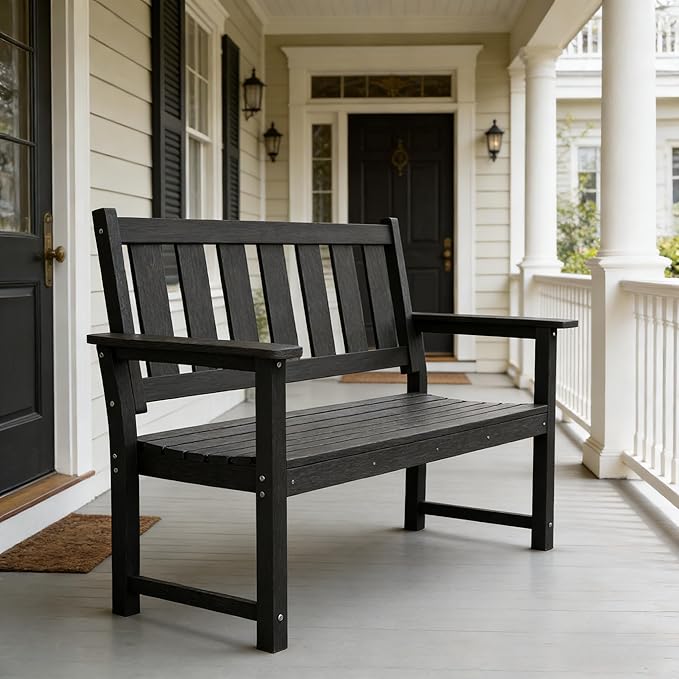ACUEL HDPE Outdoor Bench – 50'' Weatherproof Durable Garden Bench, 2-Person Park Bench, Multi-Purpose Design Ideal for Porch, Patio, Church, and School (Black)