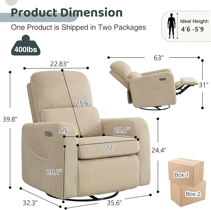 AEMEIOS Swivel Rocker Recliner, Oversized Power Recliner Nursery Glider with Removable Cushion, Upholstered Swivel Reclining Chairs for Nursery Living Room Bedroom, Corduroy Camel