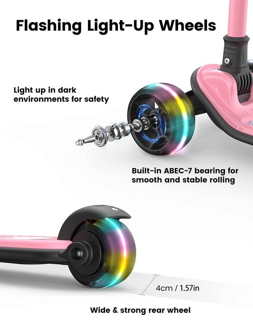 besrey Kick Scooter for Kids Ages 3-10, 3-Wheel Folding Scooter with Adjustable Height, LED Light Wheels, Extra Wide Deck for Outdoor Activities