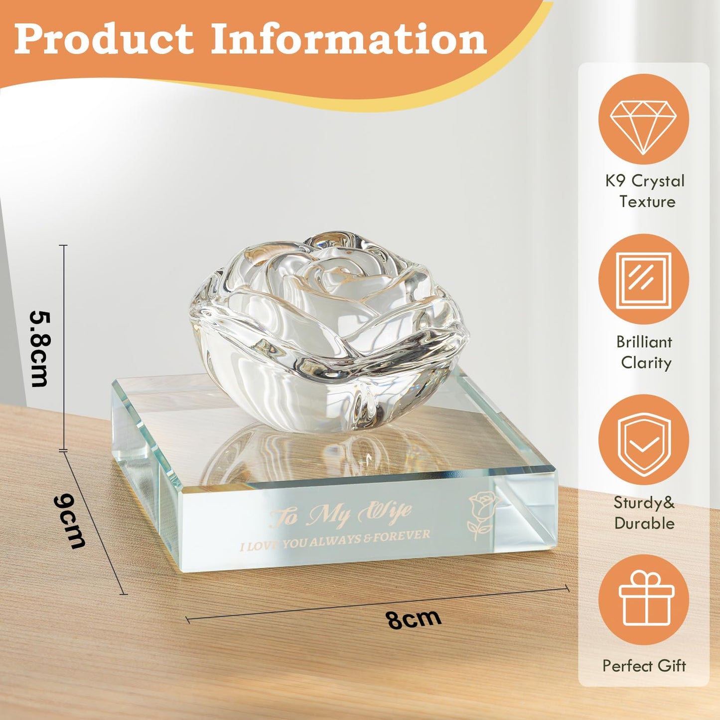 PEEYHONY Gifts for Wife, Romantic Crystal Rose Figurine Ornament with Laser Text Gift from Husband, on Anniversary Wedding Christmas Birthday Valentines Love Gift for Wife