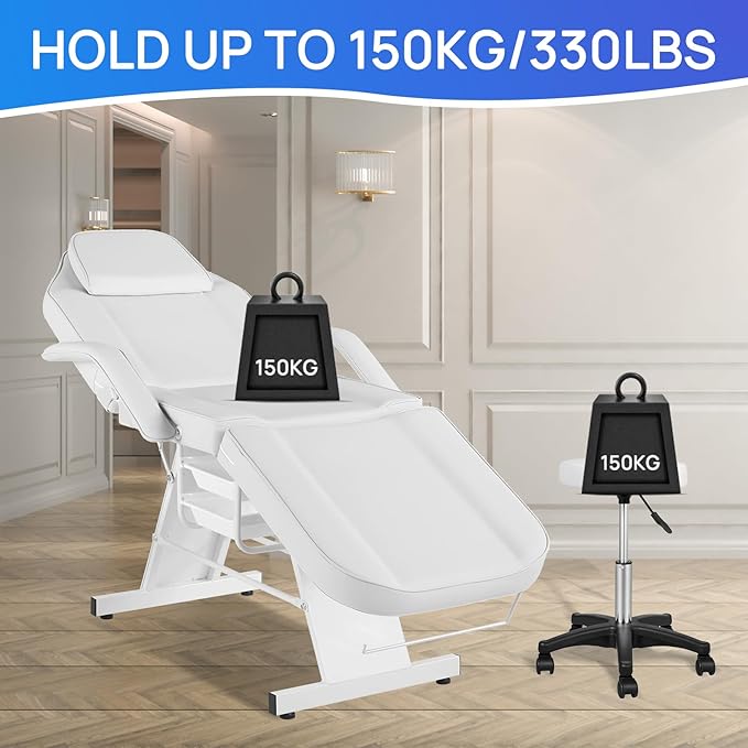 Facial Chair Tattoo Chair Massage Bed Adjustable 3-Section Multipurpose with Hydraulic Stool for Esthetician Beauty Spa Tattoo Eyelash Equipment White