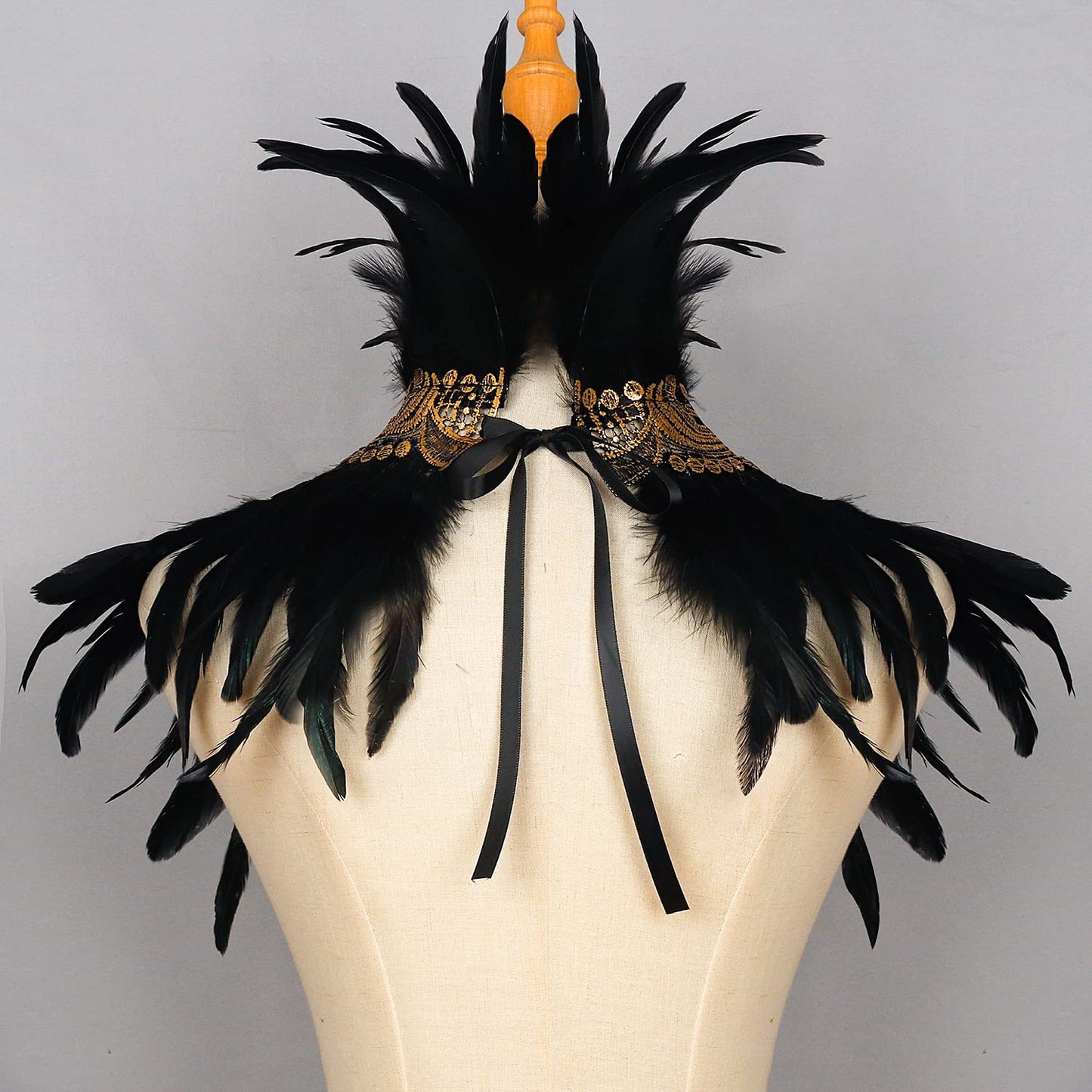L'VOW Gothic Natural Black Feather Flower Patterned Embroidery Choker Neck warp Collar for Halloween Costume Cosplay