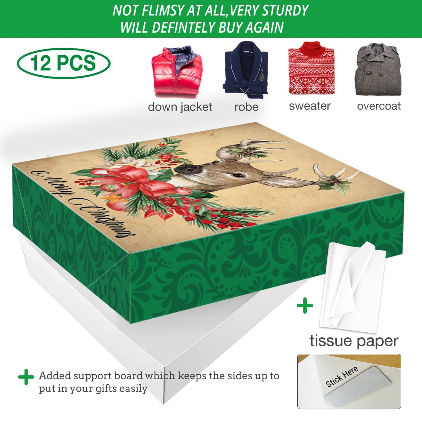 12 Extra Large Christmas Gift Wrap Boxes Bulk with Lids, 12 Tissue paper and 80 Foil Christmas gift Stickers for Wrapping Oversized Clothes (Robes, Sweater, Coat, Shirts) and Xmas Holiday Present