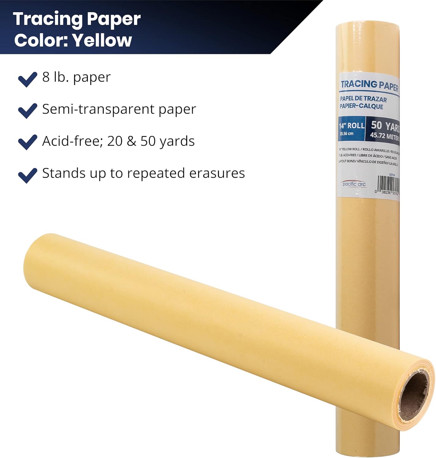 Pacific Arc Tracing Paper Roll, Yellow, 12 Inch x 20 Yard Roll