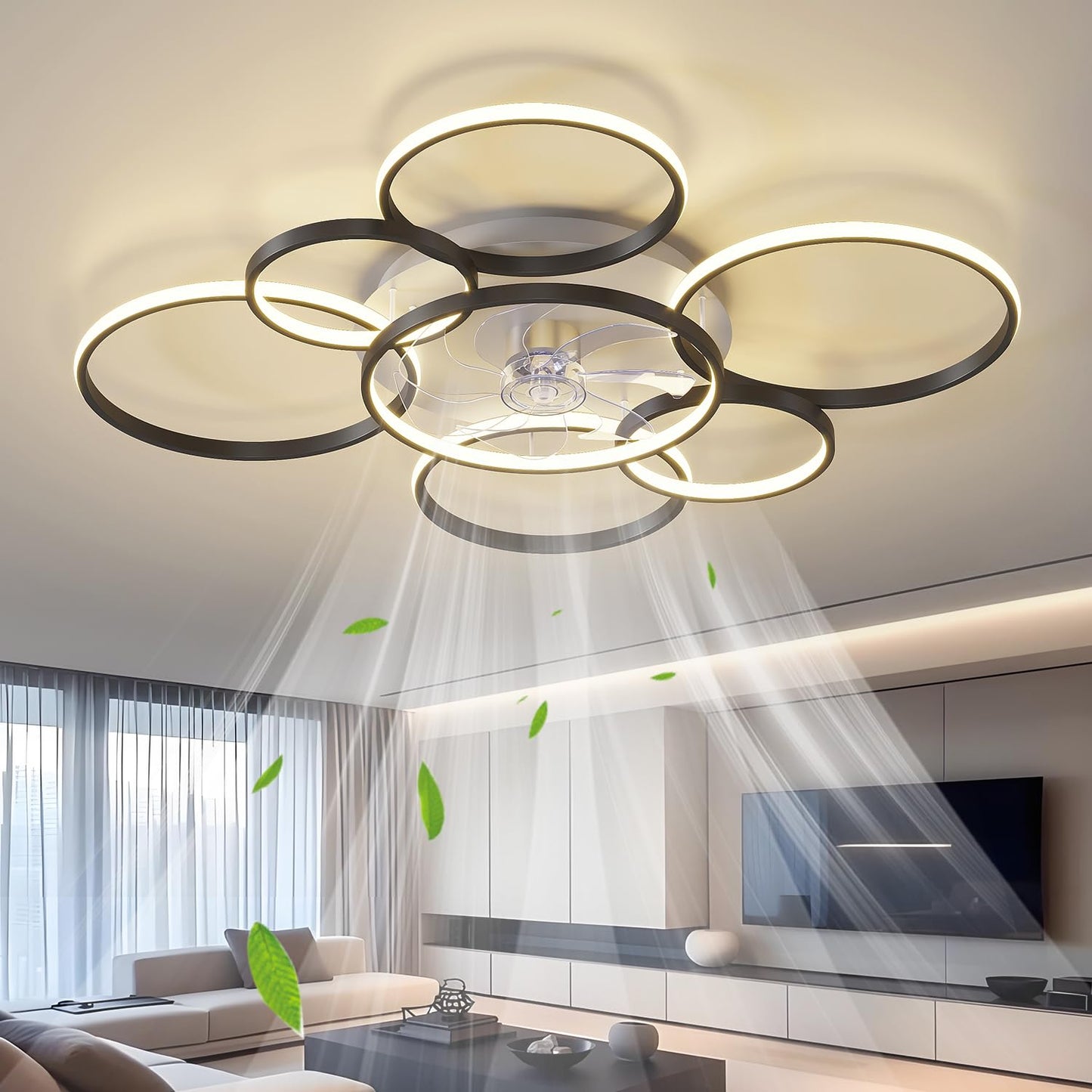 AVLRM 41" Modern Ceiling Fan with Lights, Flush Mount Ceiling Fan with Tri-Color Light 6-Speed Wind, Low Profile Ceiling Fans with Led Light and Remote Control for Living Room Bedroom Dining Room