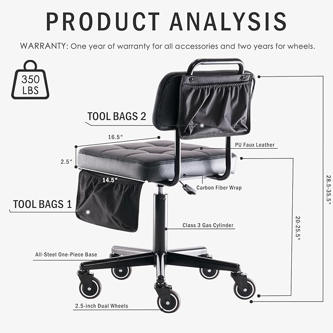 WUDOYO Adjustable Rolling Shop Stool with Tool Bags, Black Padded Seat, TPE Wheels, Real Backrest, Easy Handrail (Regular Work Seat Height(18-25"))