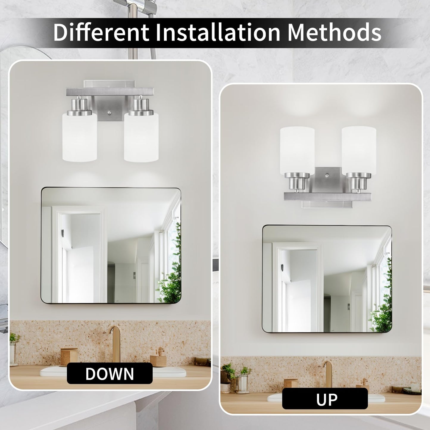 DIKAIDA Bathroom Light Fixtures Over Mirror, 2-Light Modern Nickel Vanity Lights with White Glass Shade, Bathroom Wall Lamp Sconces for Mirror Bedroom, Living Room Hallway Small Space