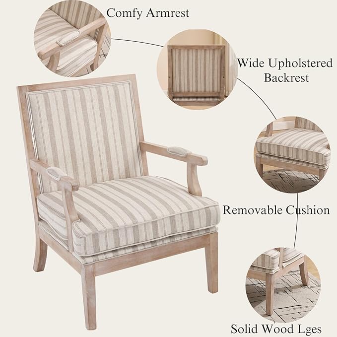 Mid Century Modern Accent Chair Set of 2, Upholstered Armchair with Solid Wood Frame & Wide Cushion Comfy Living Room Chairs Lounge Retro Reading Chair for Bedroom, Guest Room, Balcony, Khaki stripe