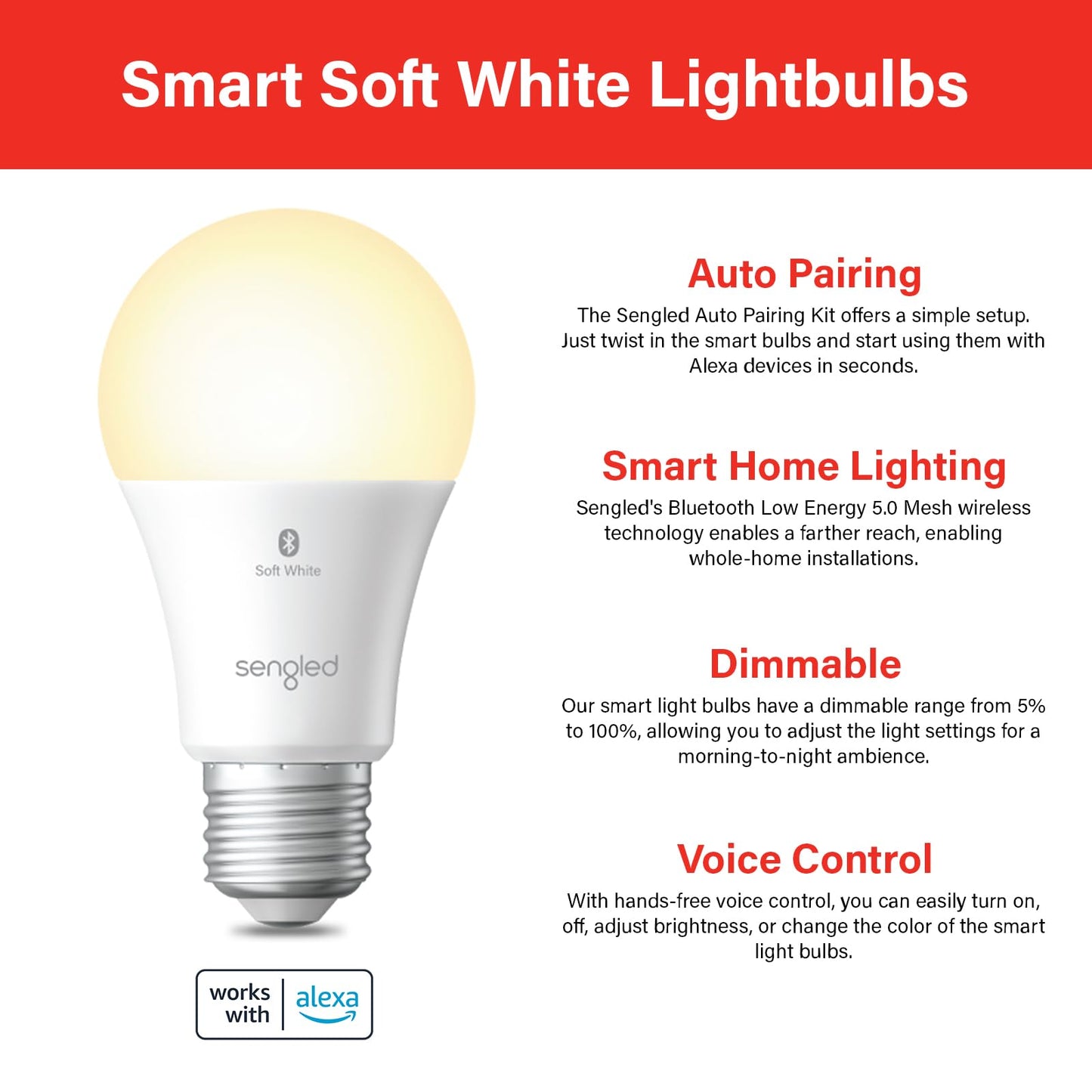 Sengled Alexa Light Bulb, S1 Auto Pairing with Alexa Devices, Warm Smart Light Bulbs, Bluetooth Mesh Smart Home Lighting, E26 60W Equivalent, 800LM, 1-Pack