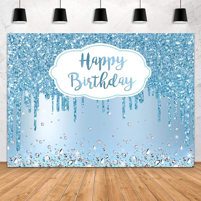 Aperturee 7x5ft Blue Happy Birthday Backdrop Glitter Diamonds Girls Sweet 16 18th 21st 30th 40th 50th Women Photography Ba...