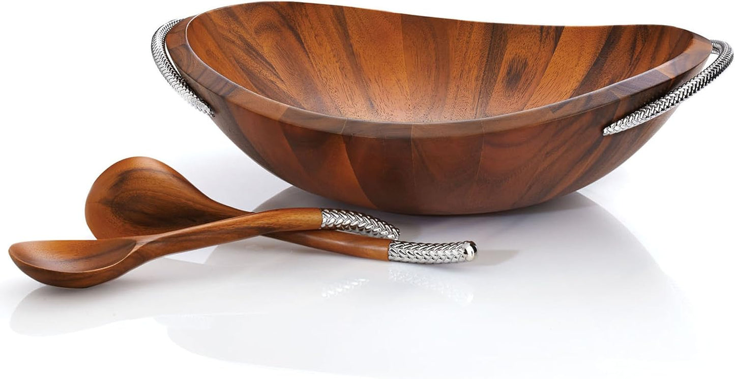 Nambe Braid Salad Bowl with Servers - Acacia Wood Bowl with Chrome Handles - 16" Large Serving Dish with 12” Serving Utensils for Entertaining & Dining, Durable & Stylish - Designed by Sean O’Hara