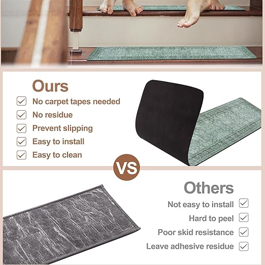 Vintage Stair Treads Non Slip Stair Runners for Wooden Steps Indoor, 15PCS 8"x30" Rubber Backing Carpet Treads for Wood Stairs Staircase Step Treads for Kids & Dogs, Stair Covers, Green
