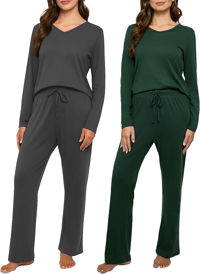 Real Essentials 2 Pack Women's Soft Cotton Long Sleeve Pajama Set with Pants - Lounge Sets for Women (Available In Plus)