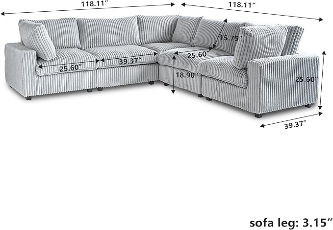 WJShome Modular Sectional Sofa/ 118inch Cloud Couches for Living Room/Soft Faux Rabbit Fur V Shaped Couch with Chaise,5 Seater Wide Convertible Sofa,Covers Washable&Replaceable,Grey