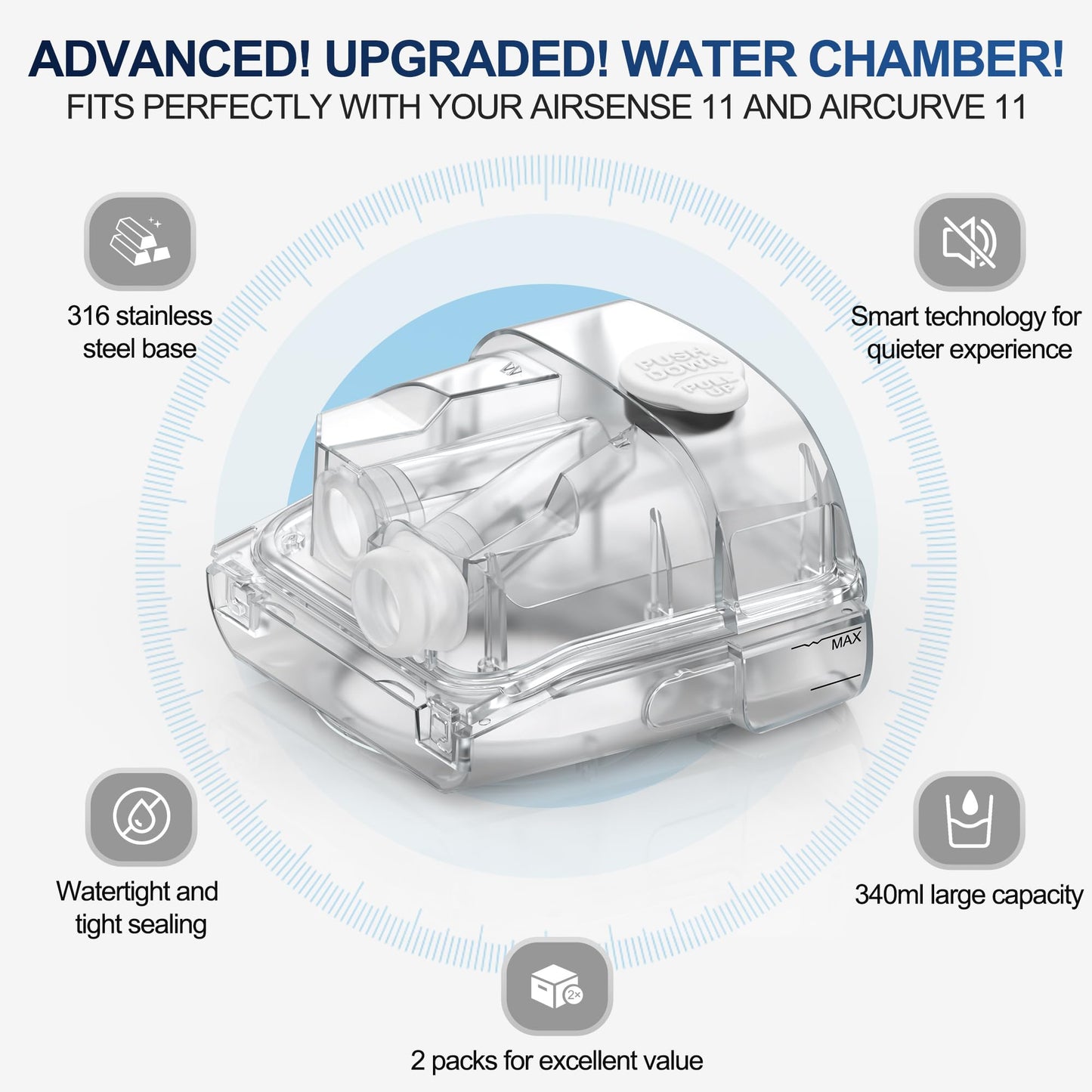 2 Packs Water Chamber for Airsense 11 & Aircurve 11, Leak-Free & Consistent Humidity Replacement CPAP Water Chamber with Top-Fill Port Technology, HumidAir Water Tank for ResMed Airsense 11 Supplies