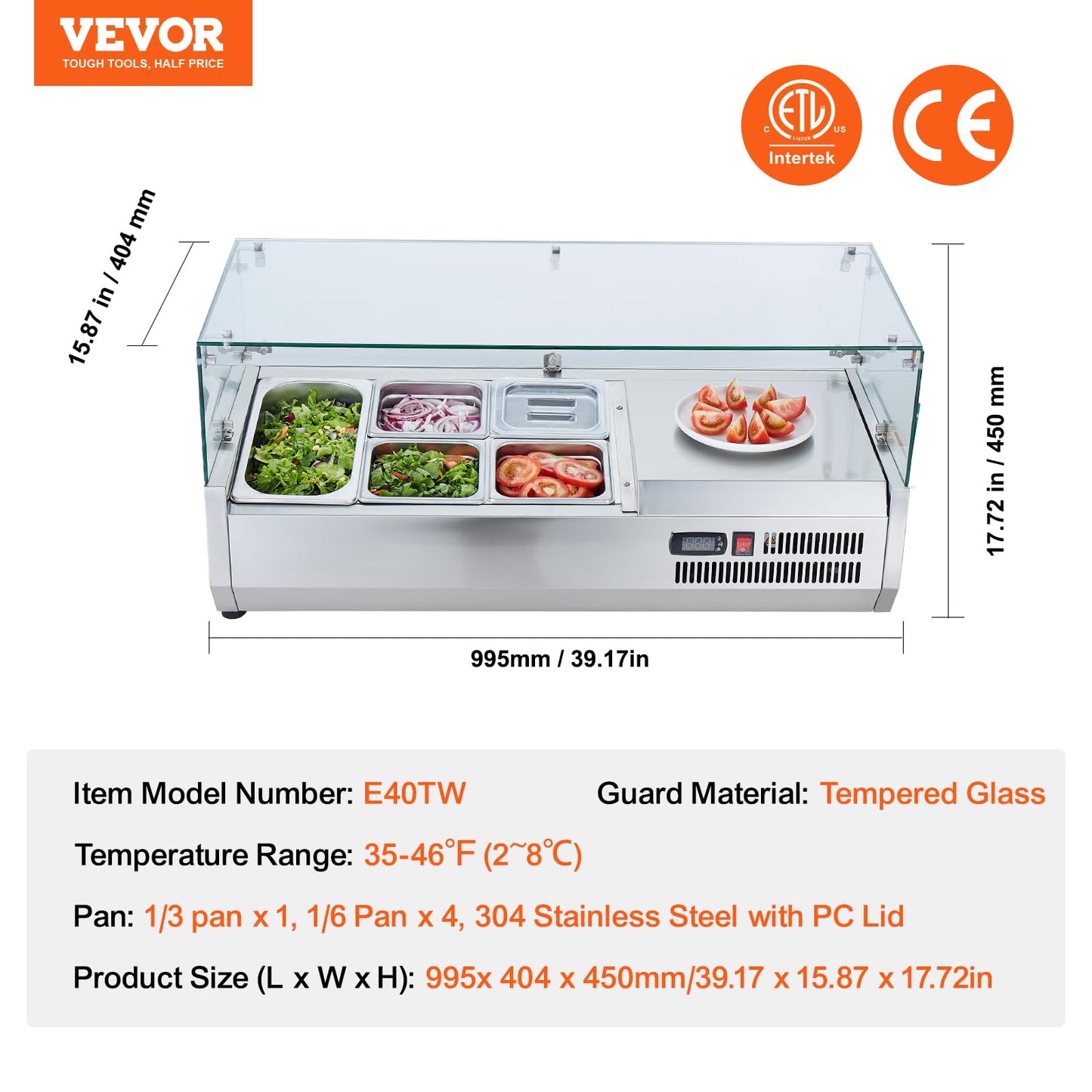 VEVOR Countertop Refrigerated Condiment Station, with 1 1/3 4 1/6 Pans, 304 Stainless Body and PC Lid, Sandwich Prep Table Guard, ETL, Glass 40in, Silver