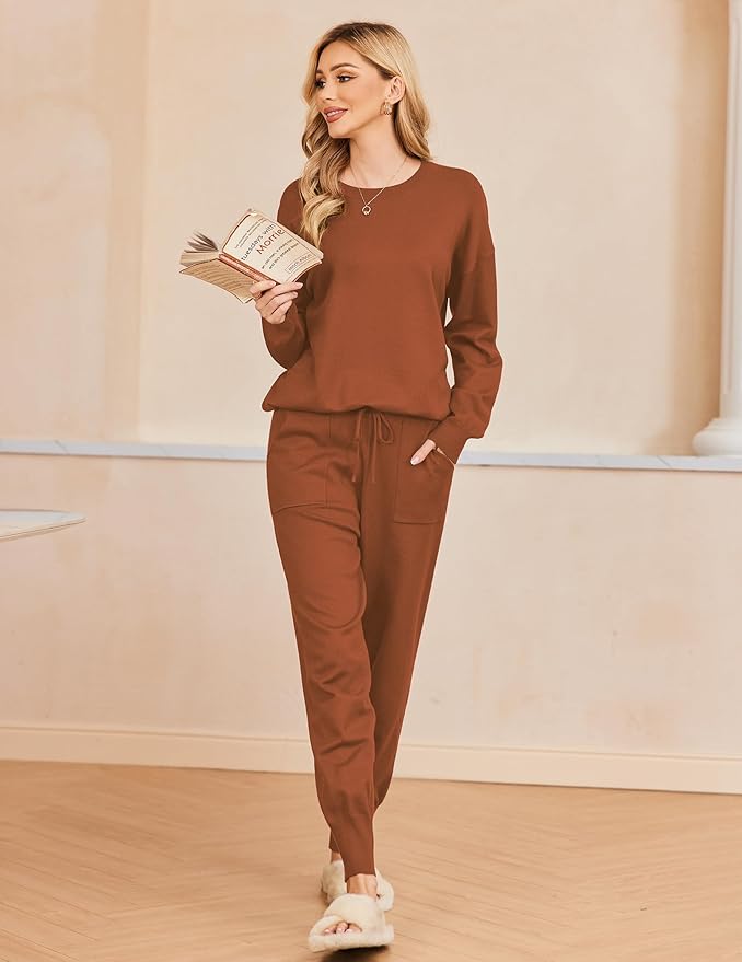 Ekouaer Women's 2 Piece Lounge Set Long Sleeve Knit Pajamas Sweatsuit Jogger Pant Outfits With Pockets S-XXL