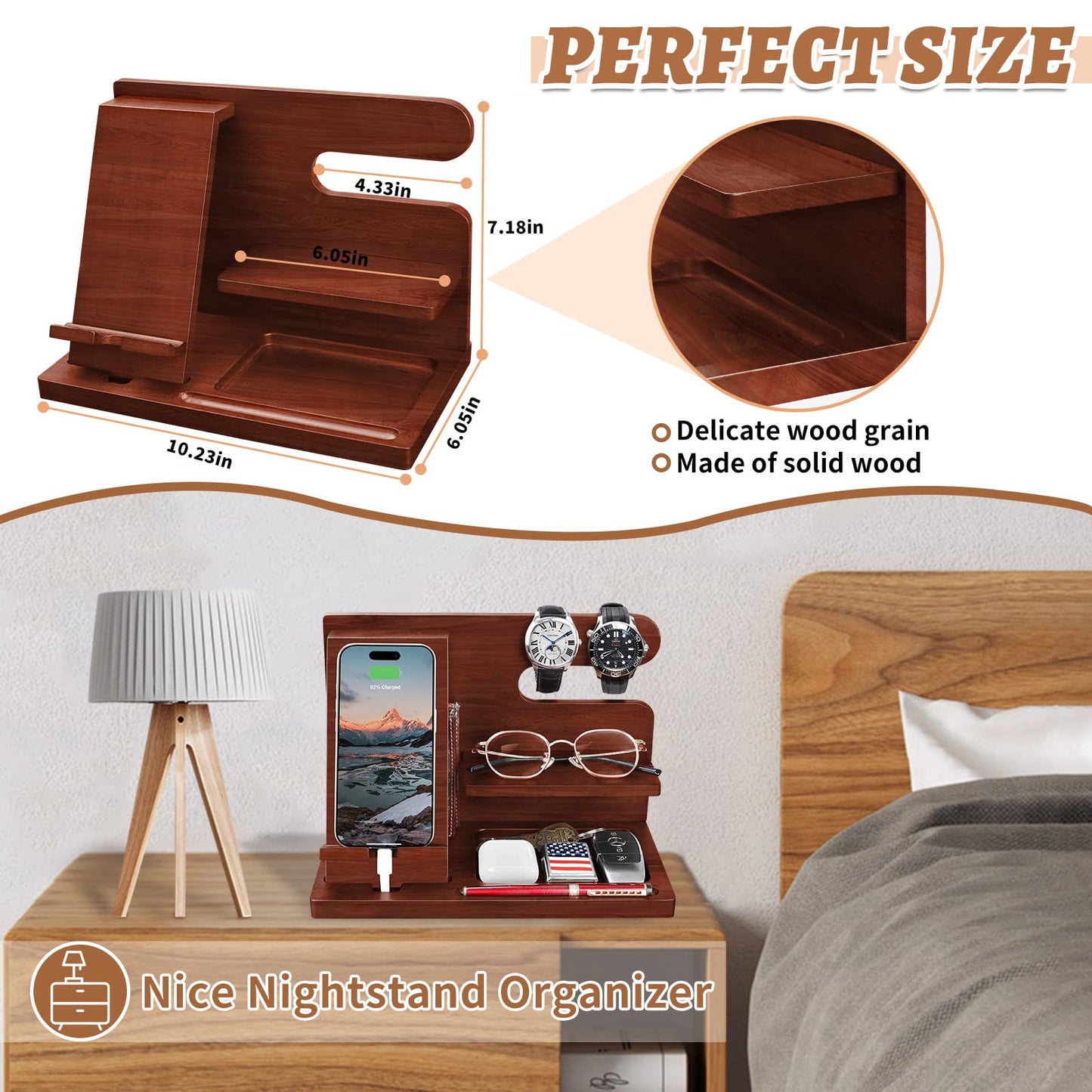 Wood Phone Docking Station - Nightstand Organizer for Cell Phone, Watch, Wallet - Birthday Gift for Dad or Husband