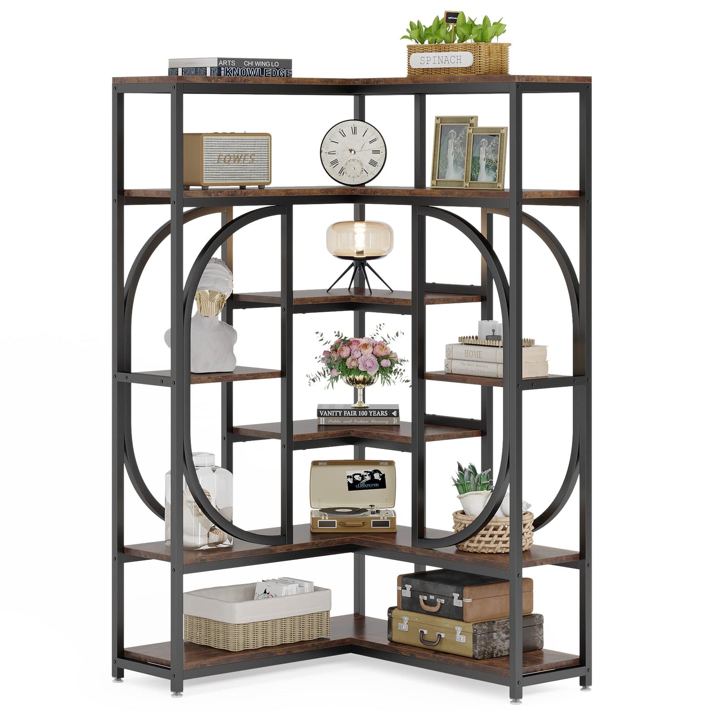 Tribesigns 7-Shelf Corner Bookshelf, Large Modern Corner Bookcase, Tall L-Shaped Corner Shelf Stand Display Rack with Storage, Metal Frame for Living Room Home Office (Rustic Brown)