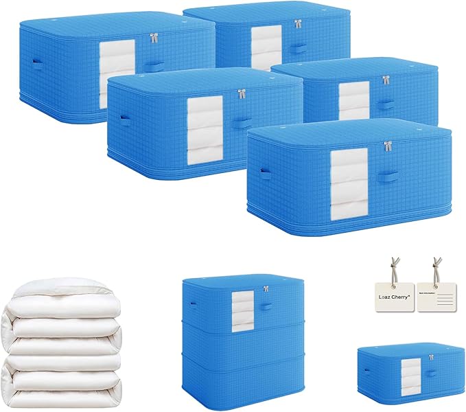 5-Pack Vacuum Storage Bags – Compressible & Foldable Closet Organizer Bags with Reinforced Handles, Suitable for Storing Clothes, Blankets, Down Comforters, Bed Sheets, Pillows & Toys (Blue)