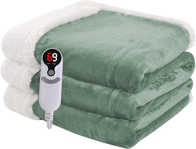 Heated Blanket Electric Blanket Full Size 72''x84'' with 9 Heating Levels, 1-10 Hour Auto Shut Off, Machine Washable, Flannel & Sherpa Soft Warming Blanket for Couch, Bed, Office - Light Green