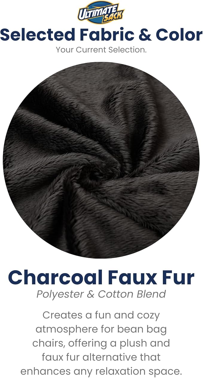 ULTIMATE SACK 4000 4-Foot Bean Bag Chair with Footstool, Charcoal Fur Cover – Oversized Foam Lounger, Floor Seat, Small Sofa, or Couch Bed for Living Area, Gaming Room, or Reading Lounge