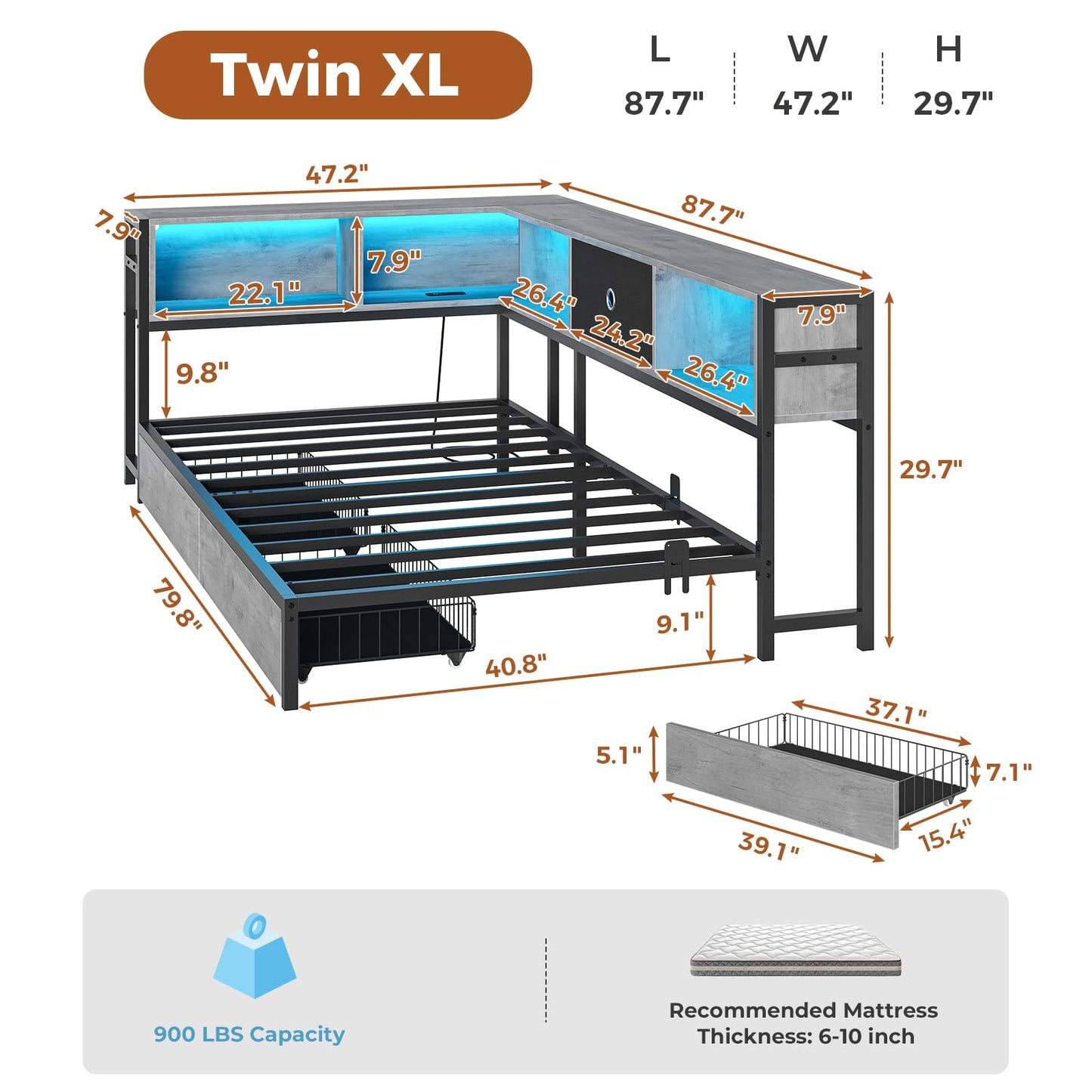 DICTAC Twin XL Corner Bed Frame with Bookcase Storage and Led Lights Metal Platform Bed Frame with Storage Drawers & Charging Station Twin XL Daybed for Living Room,Bedroom and Guest Room,Oak Gray