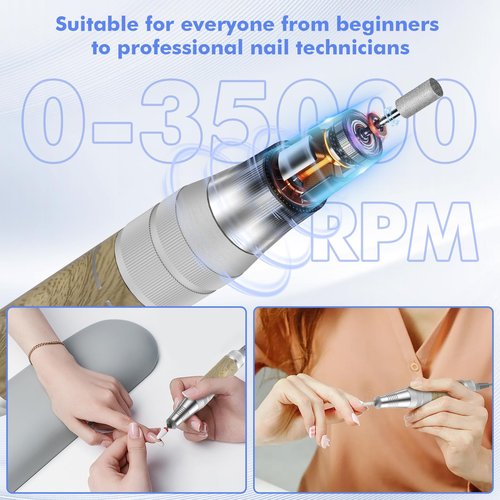 YEOTSMUT 35000RPM Nail Drill Professional, Rechargeable Electric Nail File，Cordless Nail File Portable Efile for Acrylic Gel Nails Remove, 12Pcs Nail Drill Bits, Super Silent Shockproof and not hot