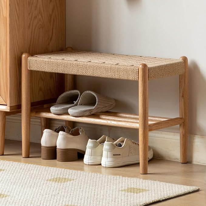Vadisun Solid Oak Shoe Bench Assembled, Farmhouse Shoe Rack Bench with Woven Rope Design for Entryway, Living Room, Bedroom, Hallway, 11.8" x 23.6" x 16.1", Natural