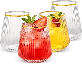 Goodluck 36 Pack 12oz Stemless Plastic Wine Glasses – Clear Ribbed Cups with Gold Rim, Fancy Reusable Disposable Drinkware...