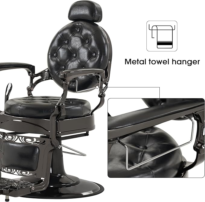 BarberPub Heavy Duty Metal Vintage Barber Chair All Purpose Hydraulic Recline Salon Beauty Spa Chair Styling Equipment 8914 (Black with Black Frame)