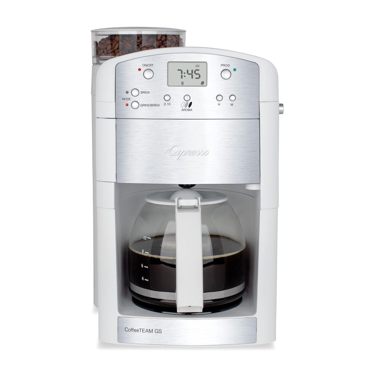 Capresso CoffeeTEAM GS 10-Cup Coffee Maker with Conical Burr Grinder, Glass Carafe 464.02 White