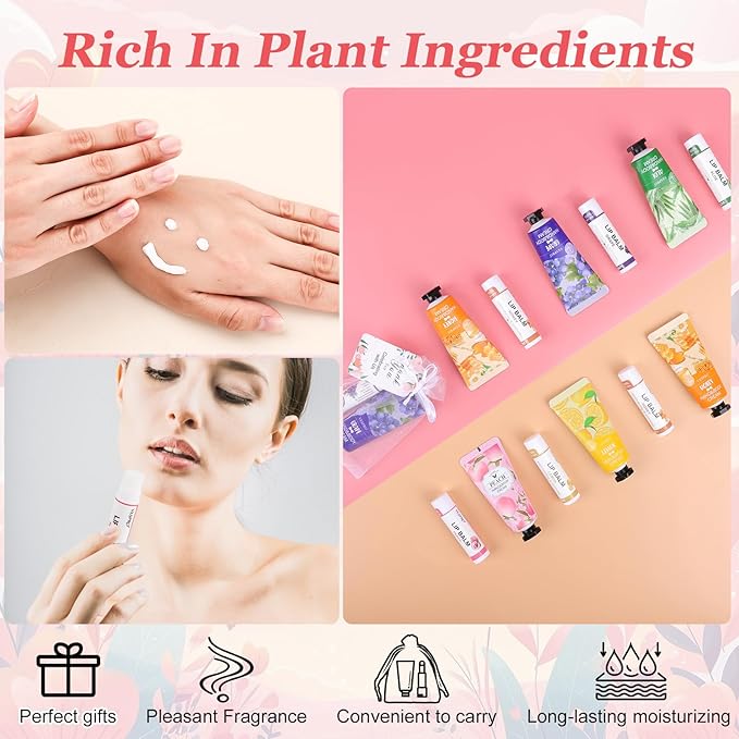 80 Pack Bulk Hand Cream and Lip Balm Sets Gifts, Valentines Day Gifts, Party Favors, Wedding Favors for Guests with Thank You Card and Organza Bags, Mothers Day Gift and Teacher Gift