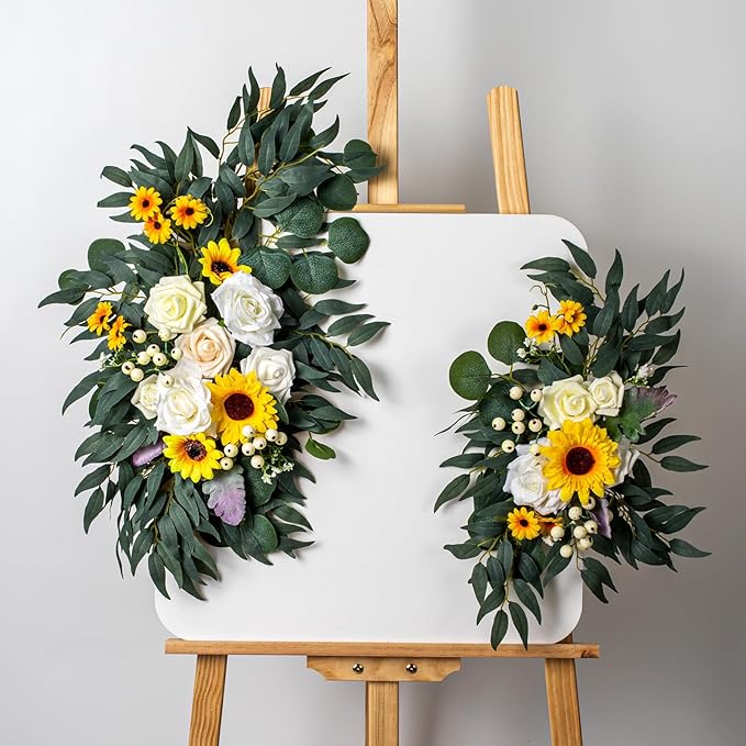 AitnWoy Artificial Wedding Arch Flowers Kit 2 PCS Dust Rose Flowers Silk Peony Floral Swag Welcome Sign for Wedding Ceremony Party Home Garland Decor (Sunflower Yellow)