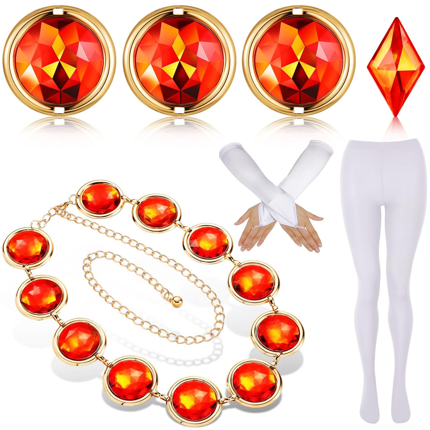 BBTO 7 Pcs Halloween Cosplay Belt Girl Gems Waist Chain Rhinestone Diamond Stone Opera Satin Gloves High Waisted Leggings (White)