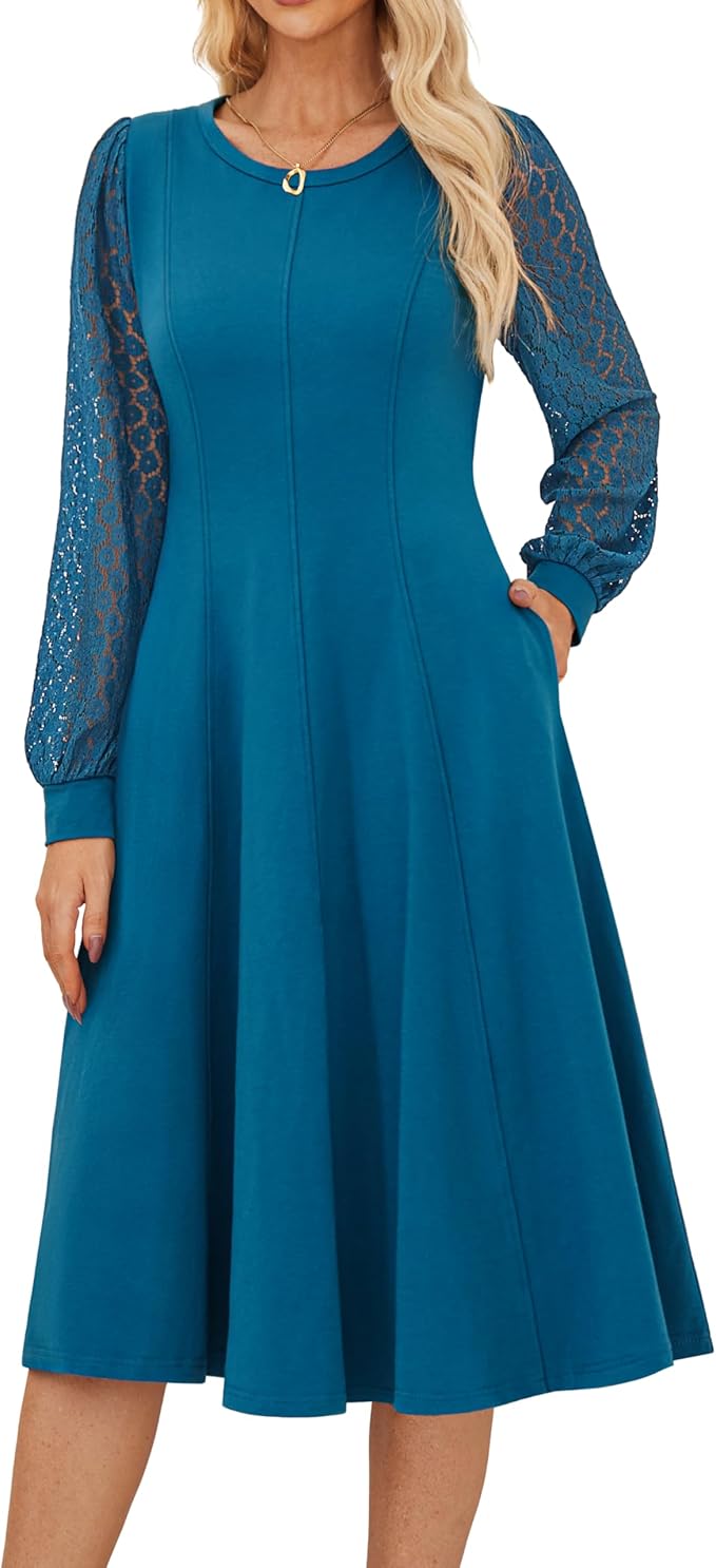 GRACE KARIN Women's 2025 Casual Long Lace Sleeve Dresses, Summer Flowy Crewneck A Line Plain Midi Dress with Pockets