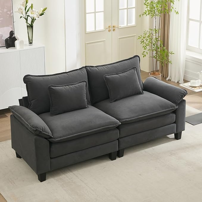 URRED Modular Sectional Sofa Comfy Cloud Couch, Modern Velvet Sofa Sleeper Deep Seat Couches with Ottoman/Pillows for Living Room (Dark Gray, 82.6'')