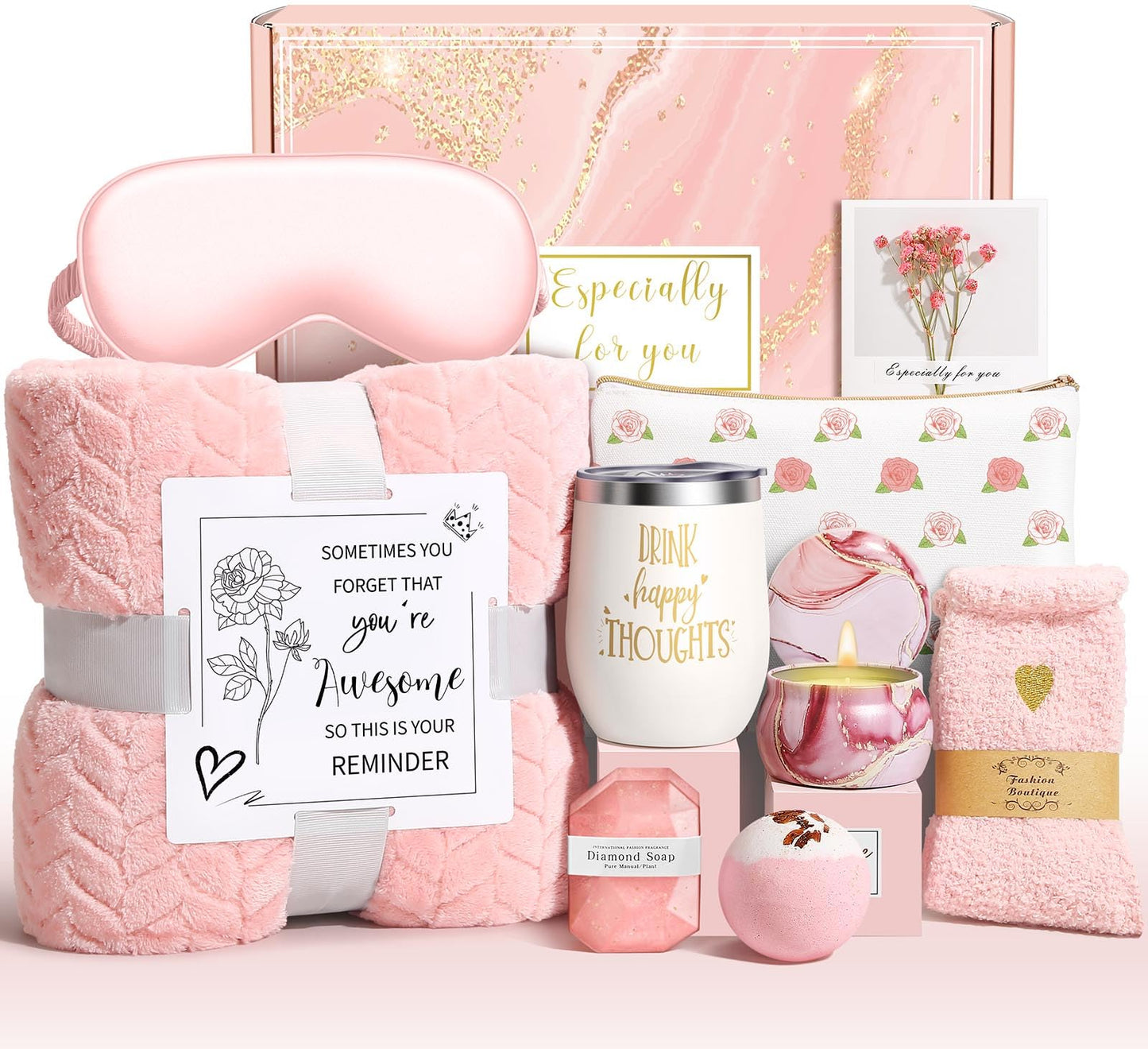Happy Birthday Gifts for Women Self Care Gift, Relaxing Care Package Get Well Soon Spa Gift Basket with Luxury Blanket, Mothers Day, Brithday Gifts for Mom Her Friend Sister Wife