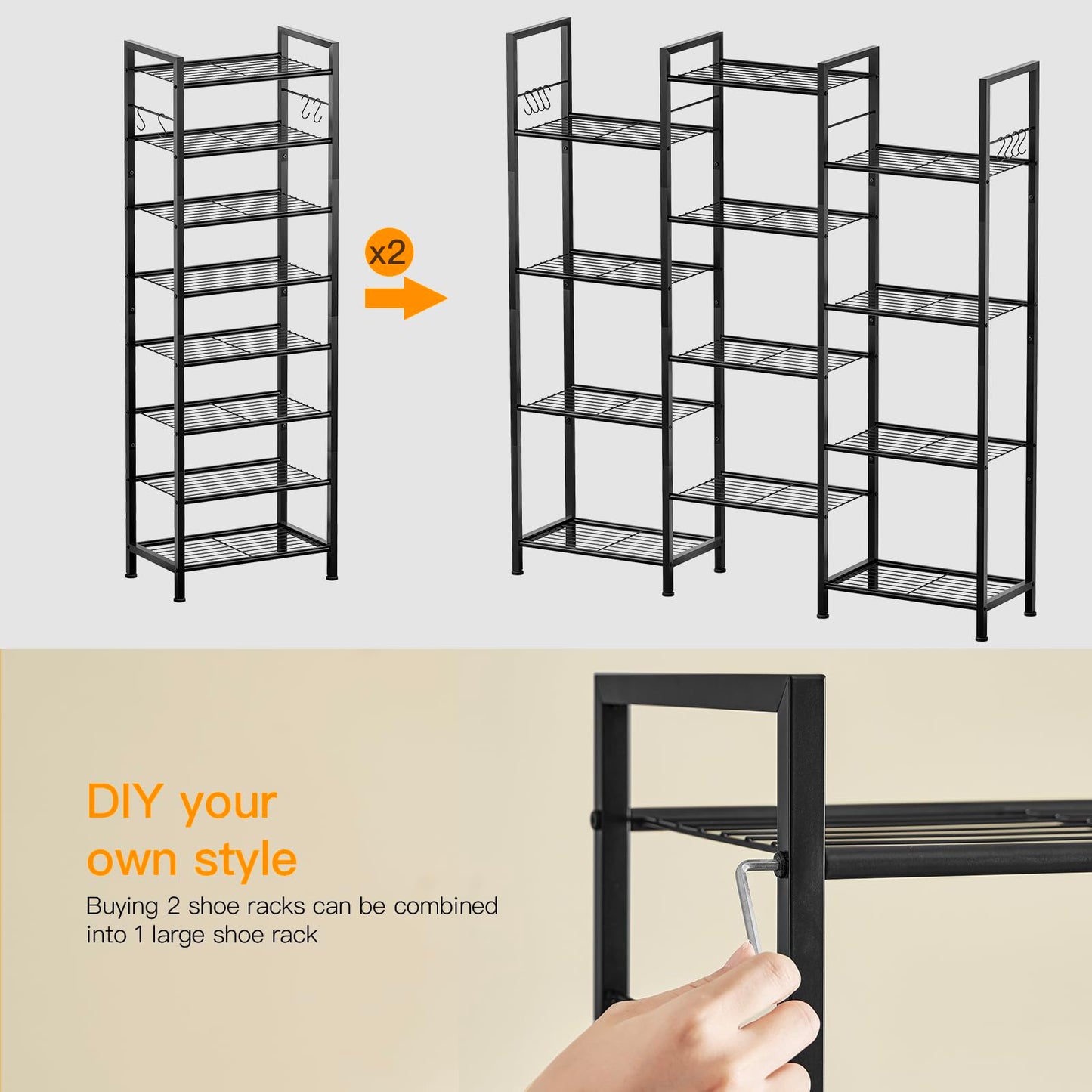 usikey 8 Tiers Narrow Shoe Rack 16-24 Pairs, Sturdy Metal Tall Shoe Rack with 4 Hooks, Slim Shoe Storage Organizer with Metal Shelf, Space Saving Vertical Shoe Shelf for Entryway, Closets, Black