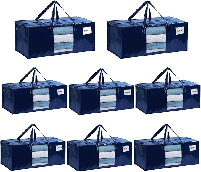 VENO 8 Pack Moving Bags Extra Large Storage Bags for College Move-In, Heavy-Duty Storage Totes, Packing Boxes, and Wardrobe Moving Supplies - Durable Laundry Bags for Clothes (Blue w/Window, 8 Pack)